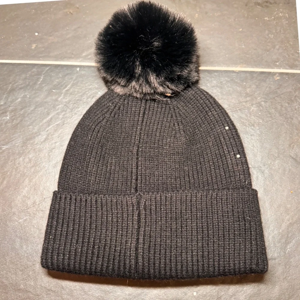 Steve Madden Black Beanie Hat Rhinestone‎ Embellished Pom Pom Cozy Winter Warm